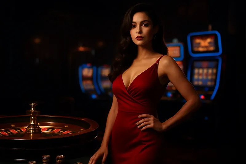Beautiful woman in red dress posing confidently near roulette and slot machines with gold coins and poker chips in a luxurious Bangladeshi casino setting