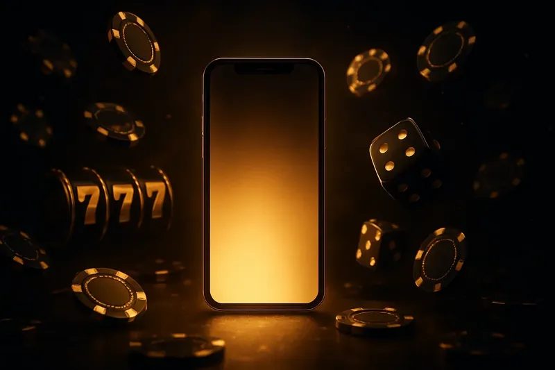 Glowing smartphone surrounded by casino chips, slot reels, and dice on a dark luxurious background
